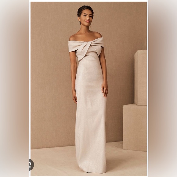 Teri Jon Yvonne Twist Front Off Shoulder Column Gown Rickie Freeman 4 Small S - Picture 1 of 13